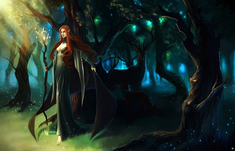 Sorceress And Stag, staff, fantasy, woods, Sorceress, shadows, stag, HD wallpaper
