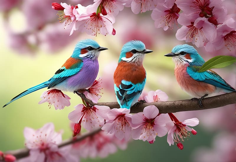 3 lilac-breasted rollers birds on a branch of red cherry blossoms, gorgos madar, lila mellu, madar, ules, cseresznye virag, szines tollazat, faag, harom, HD wallpaper