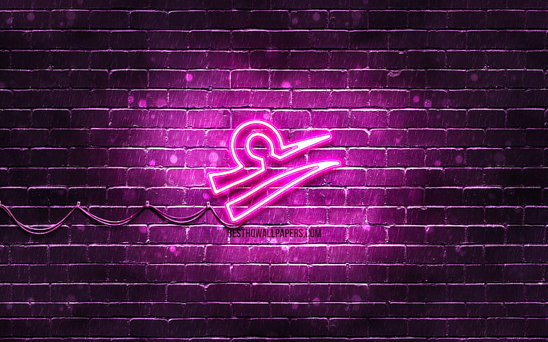 Libra neon sign purple brickwall, creative art, zodiac signs, Libra zodiac symbol, Libra zodiac sign, astrology, Libra Horoscope sign, astrological sign, zodiac neon signs, Libra, HD wallpaper