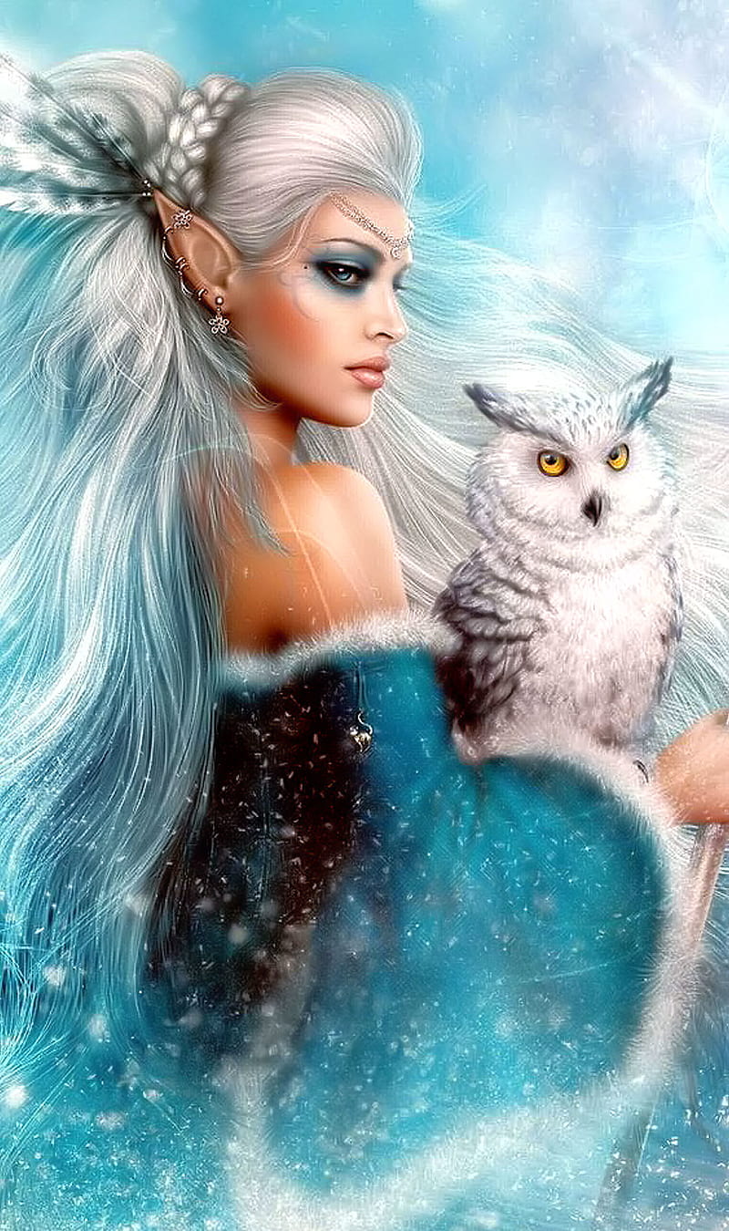 Pixie Queen With Owl, colours, elve, fairy, fantasy, owl, pixie, HD phone wallpaper