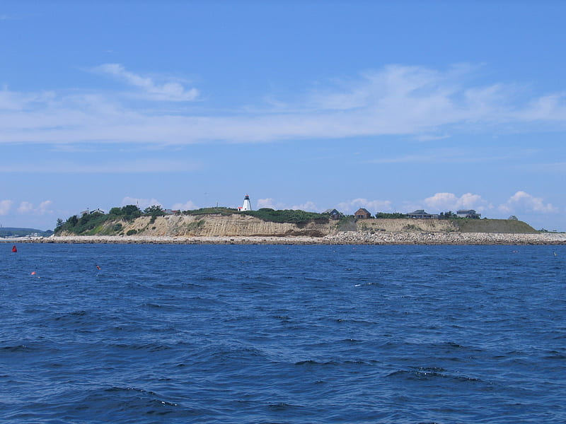 Island and Lighthouse in Massachusetts, plymouth, ocean, sky, lighthouse, massachusetts, water, nature, island, blue, HD wallpaper