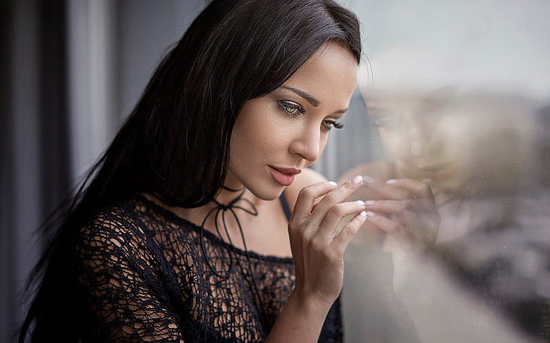 Angelina Petrova, window, models, beauty, brunette, HD wallpaper