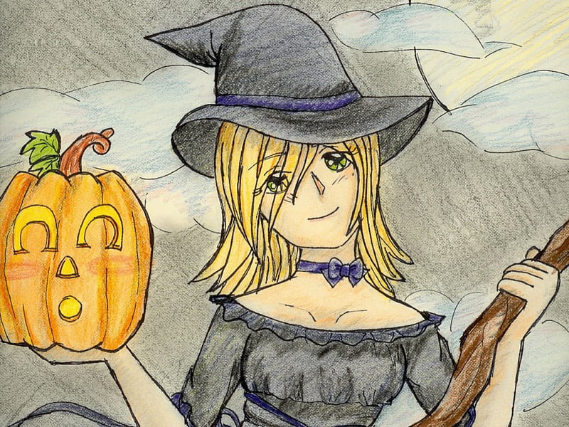 Cute Halloween Witch, pumpkin carving, lady, witch costume, halloween, HD wallpaper