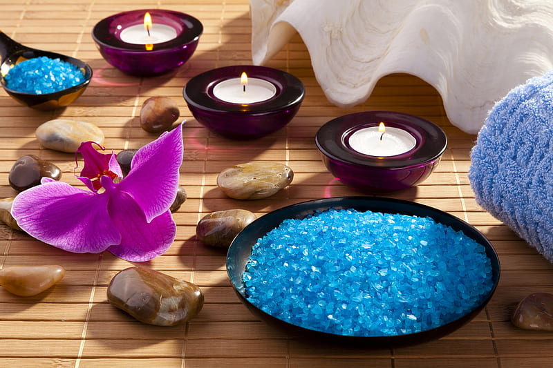 Moment of calm, moment of relax, orchid, spa stones, sea salt, candles, HD wallpaper