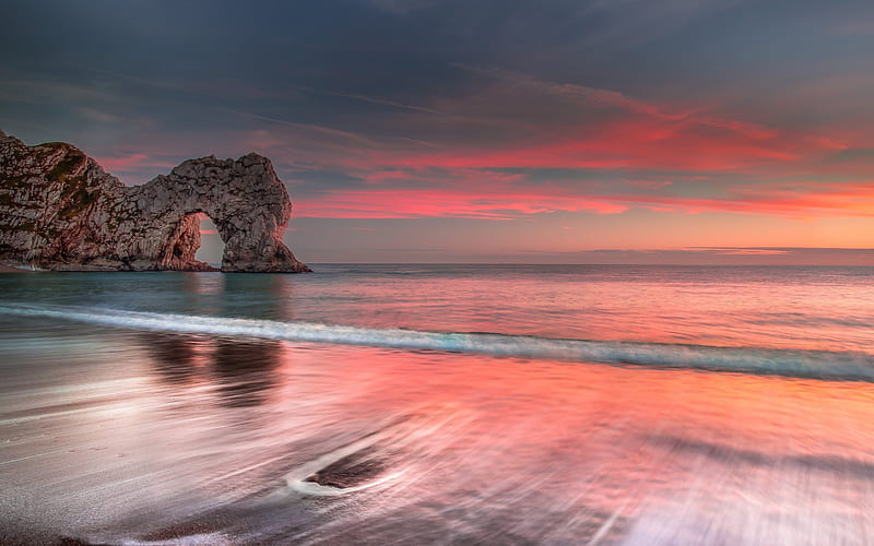 sea, sunset, rock, pink sky, evening, calm, HD wallpaper
