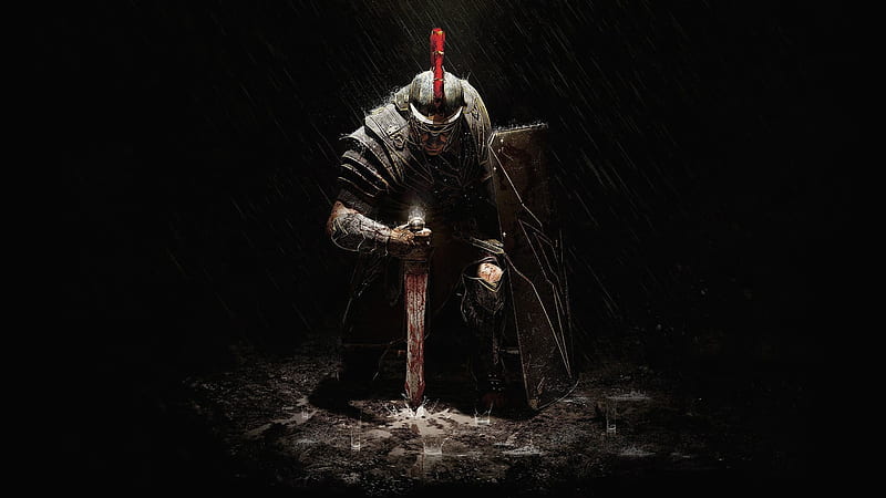 warrior, raining, sword and shield, artwork, Fantasy, HD wallpaper