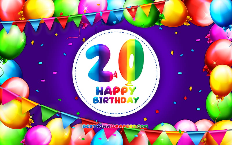 Happy 20th birtay colorful balloon frame, Birtay Party, orange background, Happy 20 Years Birtay, creative, 20th Birtay, Birtay concept, 20th Birtay Party, HD wallpaper