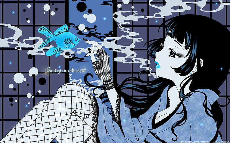 Smokey Fish, girl, fish, anime, smoke, blue, HD wallpaper
