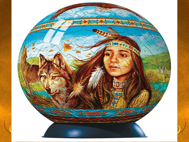 Indian with Wolf, indian, puzzle, ball, folklore, nature, native, america, wolf, animals, HD wallpaper