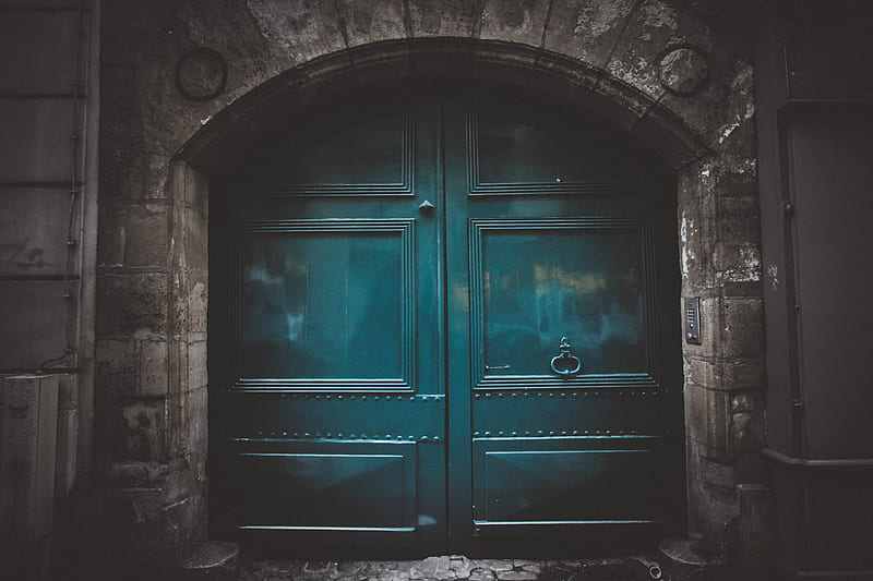 blue wooden double arch door s, HD wallpaper