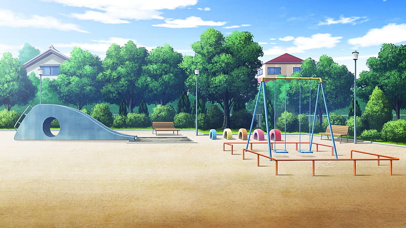PlayGround, pretty, house, scenic, cg, plant, home, bonito, play, sweet, nice, sand, anime, beauty, scenery, realistic, cloud, lovely, bench, park, sky, building, tree, 3d, swing, nature, scene, landscape, HD wallpaper