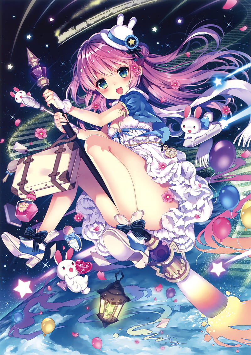 anime girls, balloon, anime, pink hair, fantasy girl, HD phone wallpaper