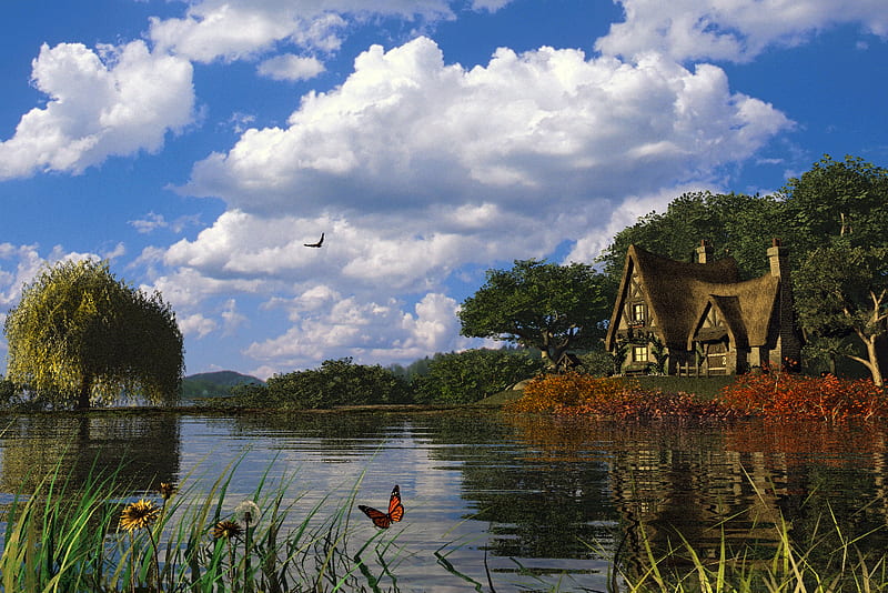 Bucolic Paradise, water, dwelling, butterflies, clouds, lake, HD wallpaper