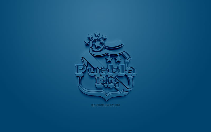 Club Puebla, creative 3D logo, blue background, 3d emblem, Mexican football club, Liga MX, Puebla de Zaragoza, Mexico, 3d art, football, stylish 3d logo, Puebla FC, HD wallpaper