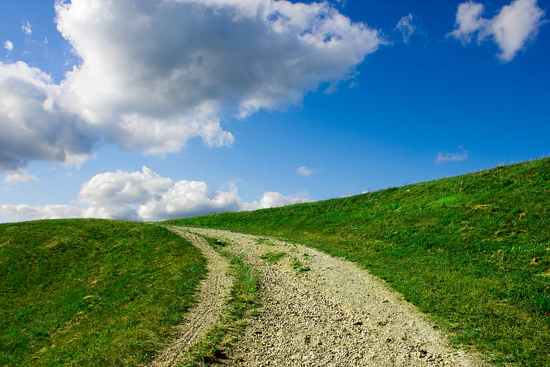 a path to the sky, green, grass, trail, ann arbor, michigan, clouds, sky, blue, HD wallpaper