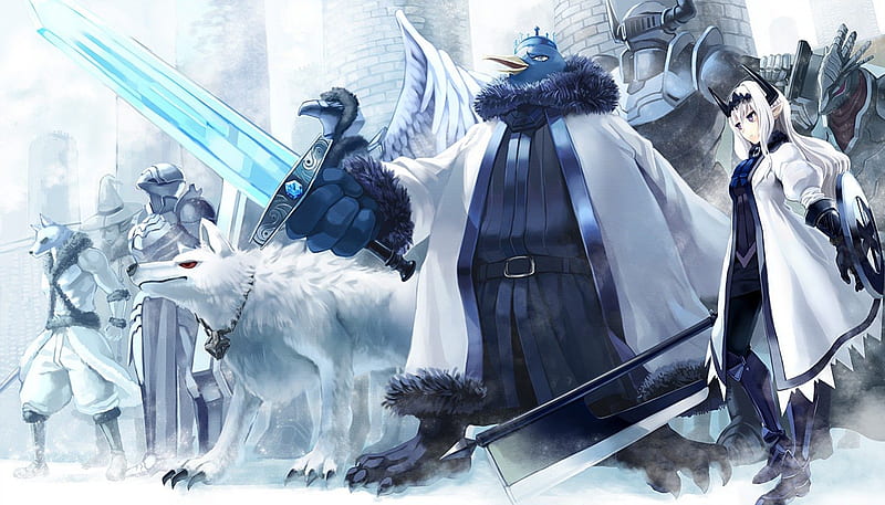 Pixiv Fantasia, king, art, wings, queen, snow, ice, wolf, knights, penguins, sword, HD wallpaper