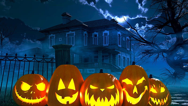 Haunted House With Pumpkins Near Fence Happy Halloween, HD wallpaper
