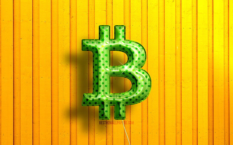 Bitcoin 3D logo green realistic balloons, cryptocurrency, yellow wooden backgrounds, social networks, Bitcoin logo, Bitcoin, HD wallpaper