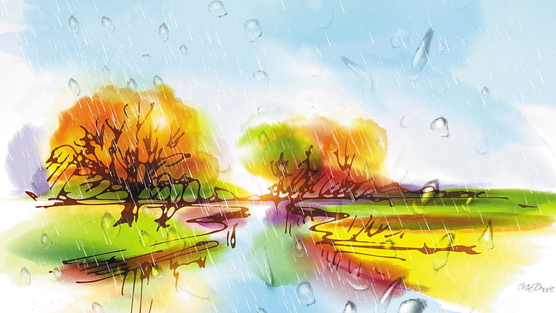 Fall Rain Shower, stream, fall, autumn, creek, trees, abstract, rain, river, field, HD wallpaper