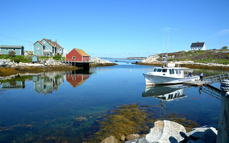 Peggy's Cove, Canada, water, boat, Canada, houses, landscape, HD wallpaper