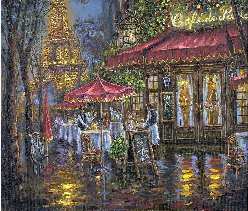 Toast to Paris, table, restaurant, eiffel tower, people, houses, painting, chairs, artwork, HD wallpaper