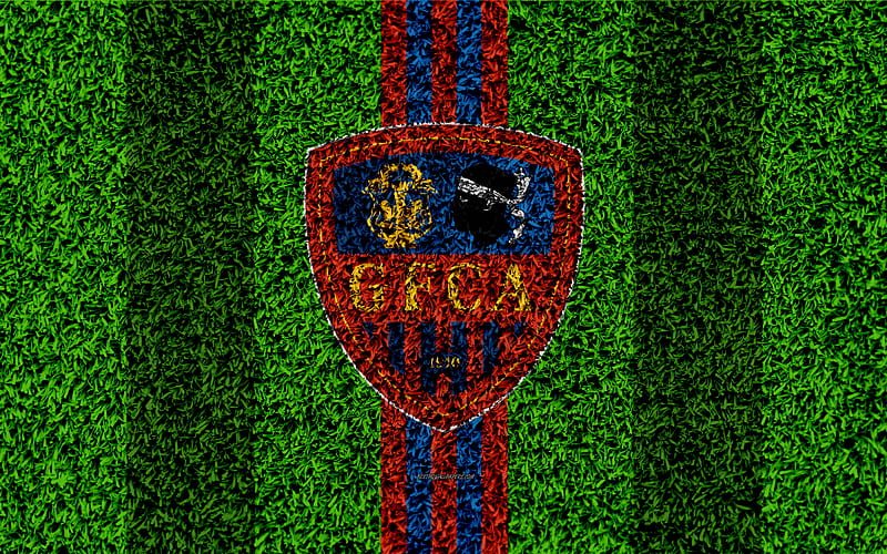 Gazelec Ajaccio logo, football lawn, french football club, red blue lines, grass texture, Ligue 2, Ajaccio, France, football, soccer field, GFC Ajaccio, HD wallpaper