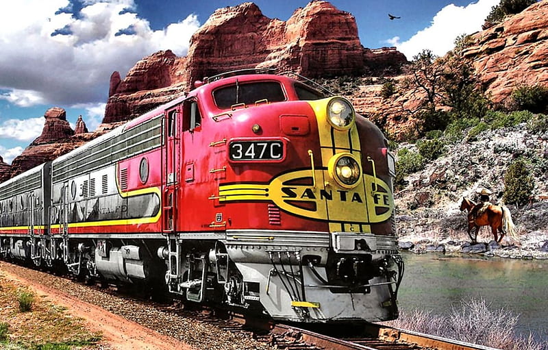Super Chief F1C, railroad, art, locomotive, bonito, illustration, artwork, train, engine, painting, wide screen, tracks, HD wallpaper
