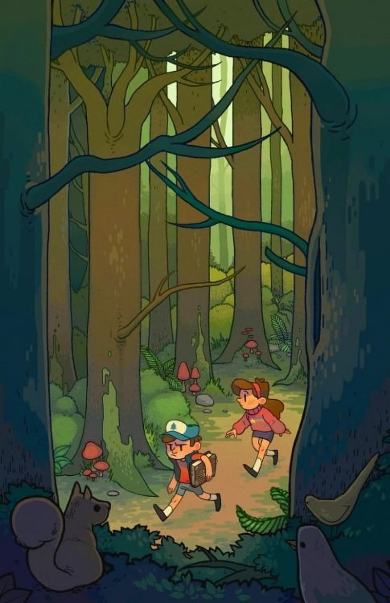 GF 8, aesthetic, cartoons, dipper pines, forest, gravity falls, mabel pines, mystery twins, HD phone wallpaper