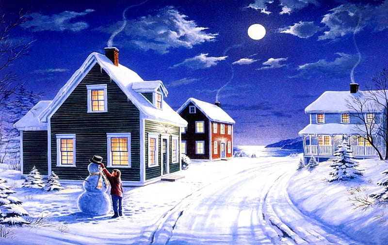 A night in winter, houses, colors, bonito, magic, snowman, fullmoon, winter, cold, moon, snow, color, season, blue, night, HD wallpaper