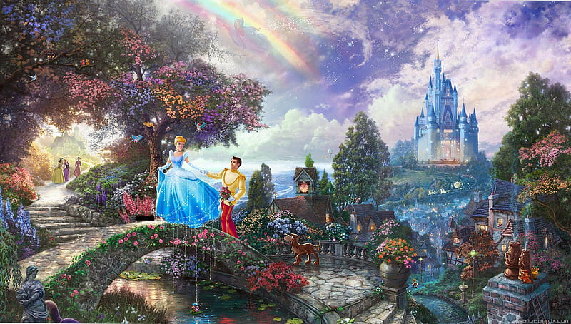 Cinderella, art, dress, luminos, rainbow, prince, thomas kinkade, fantasy, bridge, painting, pictura, castle, disney, blue, HD wallpaper