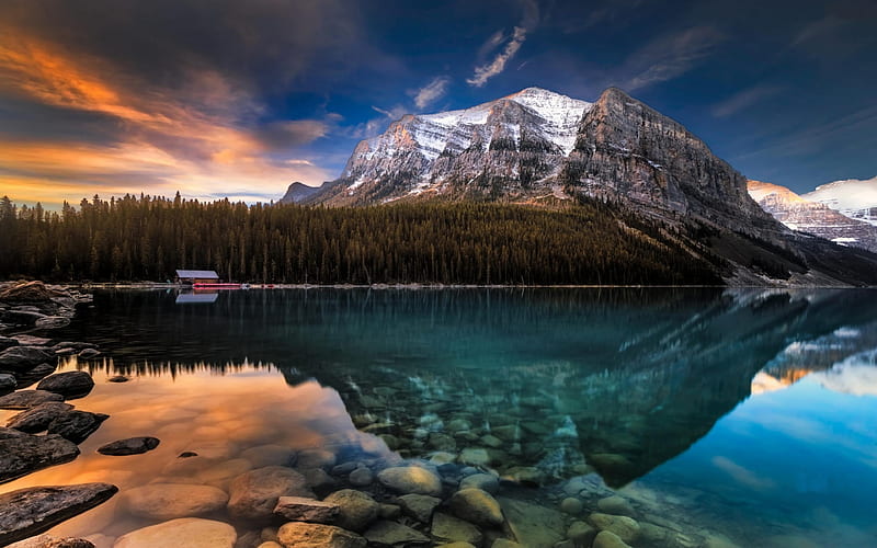 Mountain lake, Alberta, Louise, Rocks, Canada, Forest, HD wallpaper