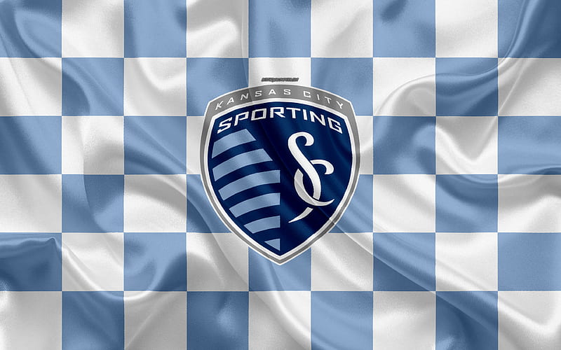 Sporting Kansas City logo, creative art, blue and white checkered flag, American Soccer club, MLS, emblem, silk texture, Kansas City, Missouri, USA, football, Major League Soccer, HD wallpaper
