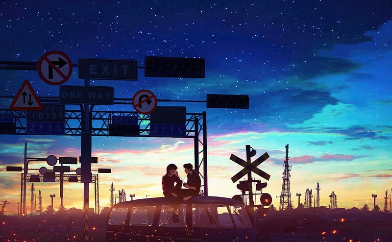 Anime Boys Listening To Music Sitting On Van, anime, anime-boy, artist, artwork, digital-art, HD wallpaper