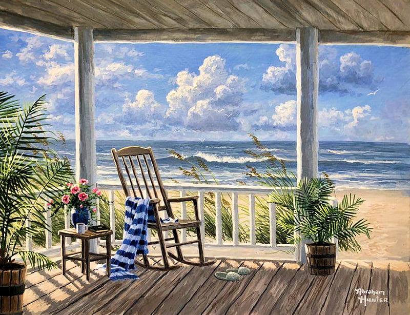 Quiet Time, veranda, clouds, sky, artwork, sea, beach, painting, chair, myrtle beach, HD wallpaper