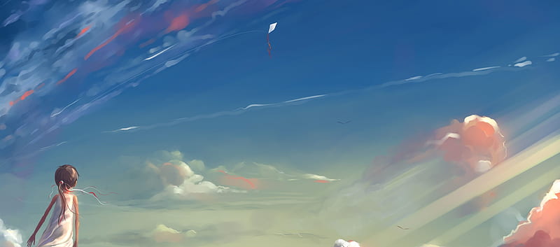 little anime girl, horizon, anime landscape, scenic, clouds, sky, kite, Anime, HD wallpaper