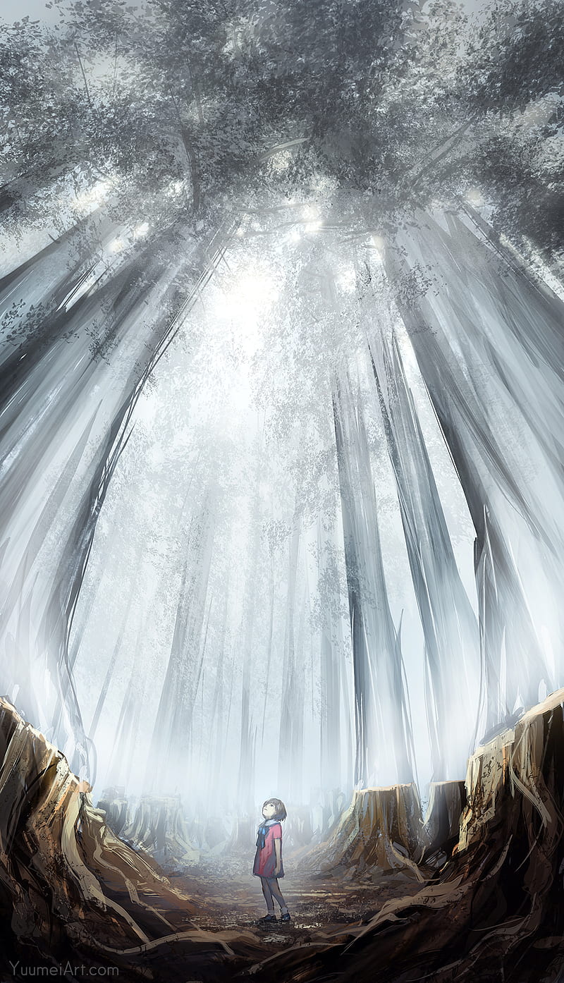 looking up, Yuumei, forest, mist, children, tree stump, digital art, HD phone wallpaper
