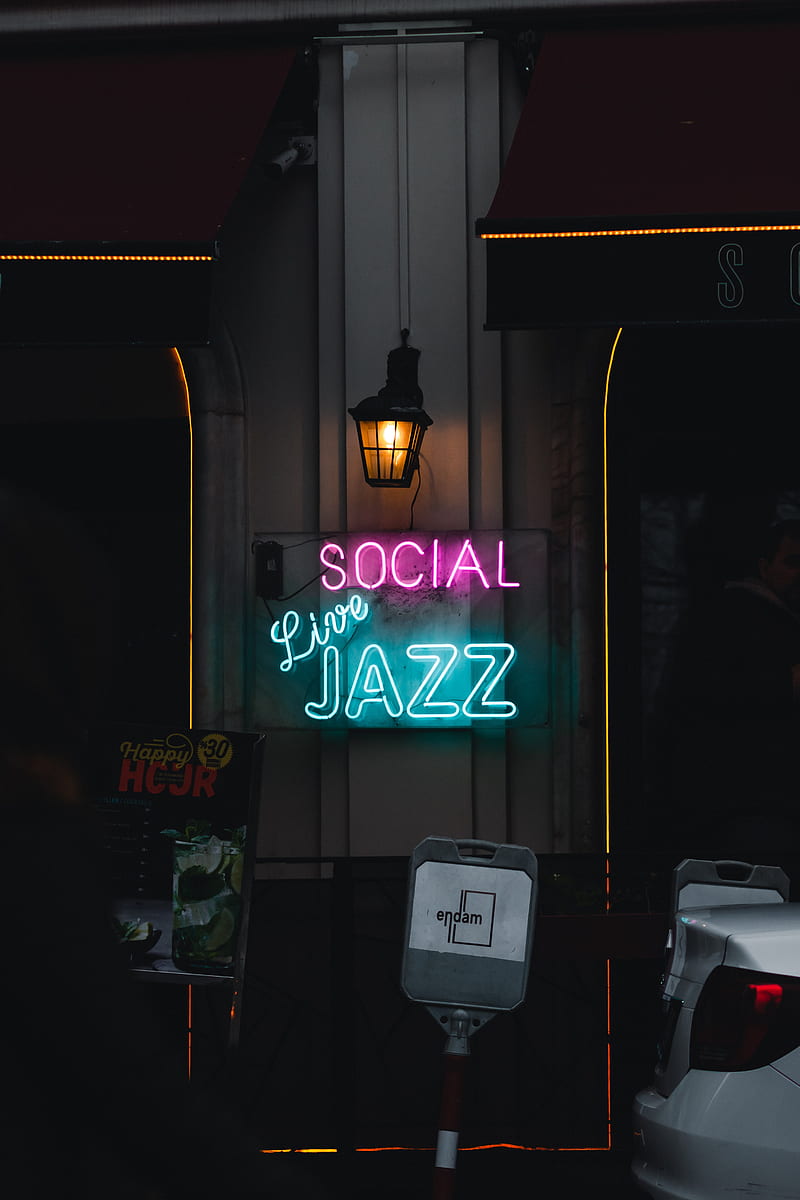 Jazz Signs Social, 2020, cafe, dark, glow, love, music, neon, nice, sign, social, HD phone wallpaper