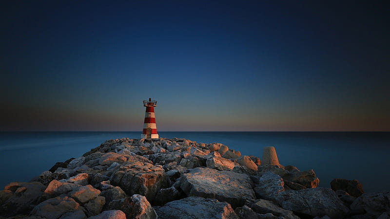 lighthouse on a stone pier in vilamoura portugal, stones, evening, lighthouse, pier, HD wallpaper