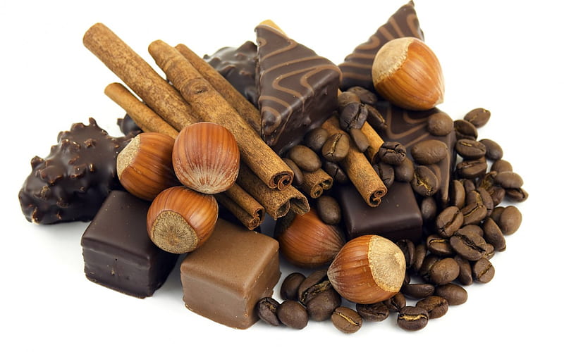 Chocolates and something more, dark chocolate, hazelnuts, cinnamon, milk chocolate, chocolates, coffee beans, HD wallpaper