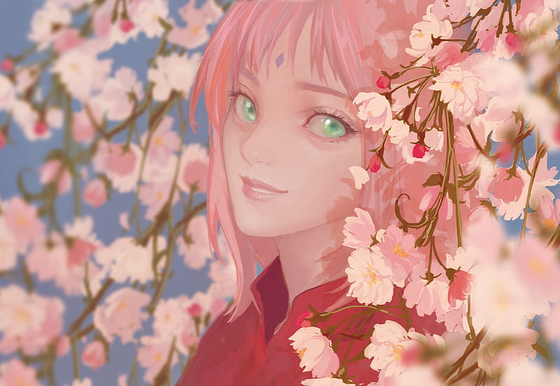 Haruno Sakura, anime, manga, spring, face, pink, naruto haruno sakura, sakura, translucent body, ban tou, ming ti, girl, flower, HD wallpaper