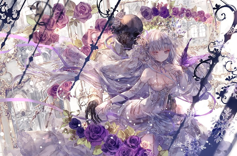 :), purple, girl, anime, flower, manga, dance, onineko, death, halloween, white, HD wallpaper