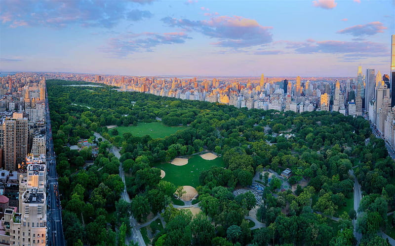 Central Park, Manhattan, New York City, Upper West Side, Upper East Side, evening, sunset, New York cityscape, skyline, New York, USA, HD wallpaper