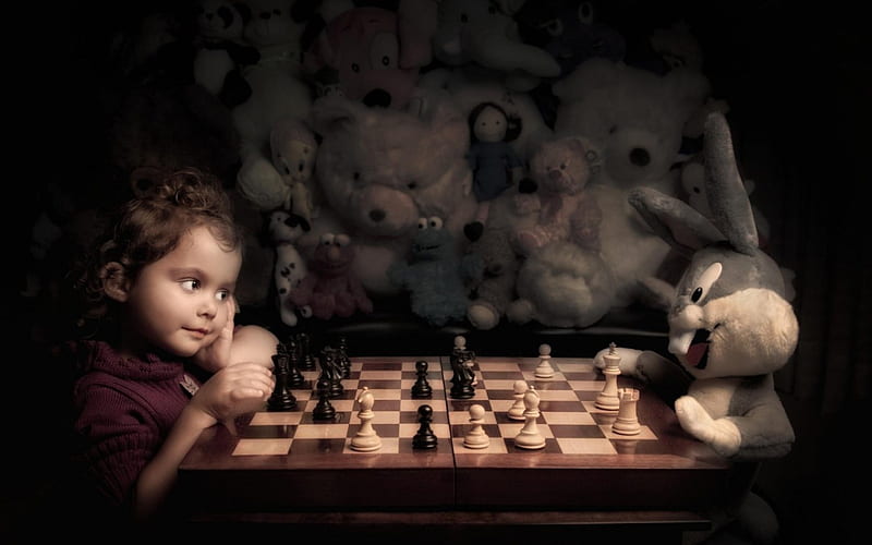 Playing chess, girl, toy, bunny, child, funny, chess, play, situation, HD wallpaper
