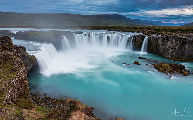 Godafoss Waterfall Iceland Ultra, Nature, Waterfalls, Blue, View, Serenity, bonito, Landscape, Summer, Sunset, Scenery, Rock, Mountain, River, Waves, Waterfall, Water, Calm, Mountains, Amazing, Rocks, North, Clouds, Peaceful, Tranquility, Mystical, Iceland, Cliffs, long exposure, Overcast, stunning, iconic, Haze, Wide Angle, tripod, Magnificent, Plains, travel graphy, moor, godafoss, majestical, Canon EF 16-35mm f/4 L IS USM, Canon EOS 5D Mark IV, Lee Little Stopper, ND Filter, before sunset, f/16, landscape graphy, nature graphy, nature view, single shot, viewing point, ISO 100, 19mm, HD wallpaper