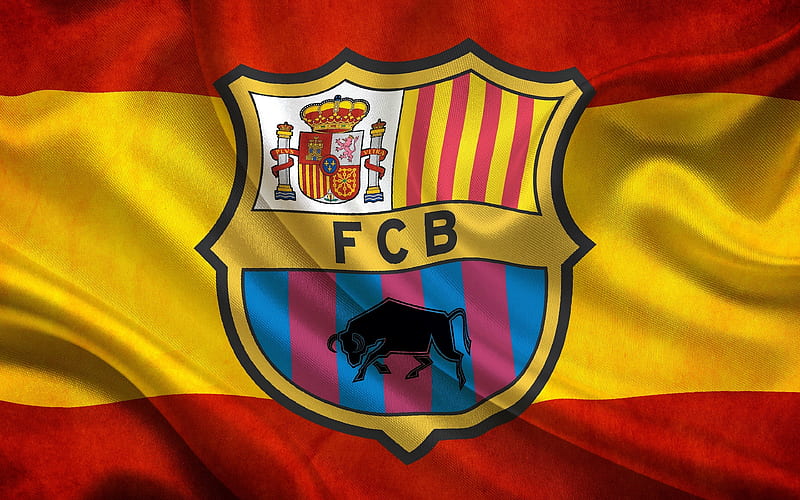 Barcelona FC, logo, Barca, soccer, FCB, LaLiga, spanish flag, fabric texture, football club, Spain, La Liga, HD wallpaper