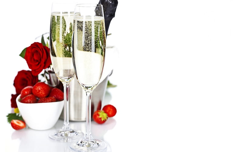 Brinde a dois, morangos, rosas, casal, champanhe, HD wallpaper