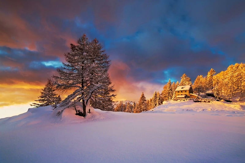 Colors Of Winter, Landscape, snow, sunset, skycolors, clouds, HD wallpaper