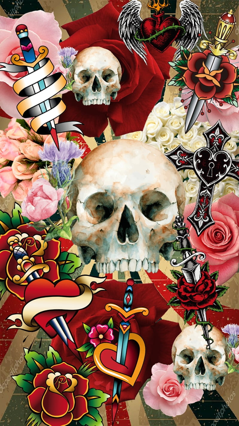 Love Always, sugar, skull, dead, roses, pink, red, cross, HD phone wallpaper