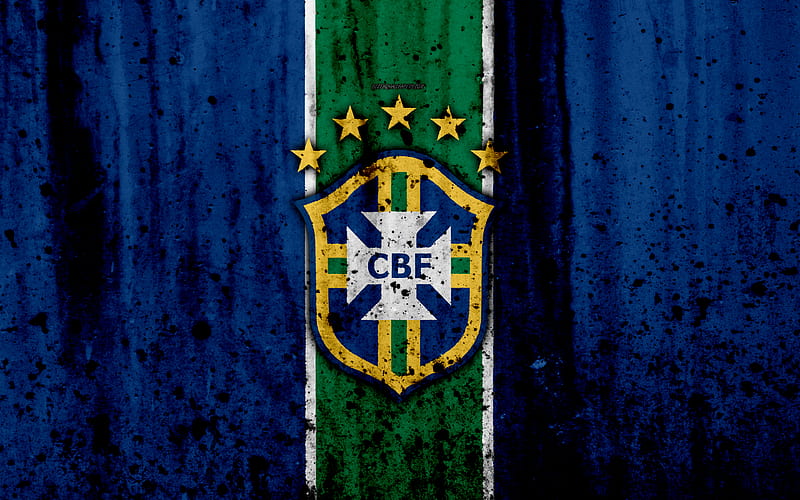 Brazil national football team logo, blue background, grunge, South America, football, stone texture, soccer, Brazil, emblem, South American national teams, HD wallpaper