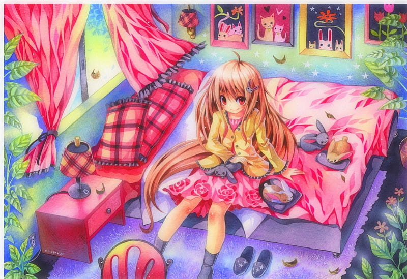 *Bedroom of Sirena*, pretty, bedroom, curtain, blanket, sweet, butterfly, stuffed animals, bright, flowers, chair, face, Sirena, rooms, lovely, hanging, lips, trees, cute, cool eyes, colorful, dress, Anime, slippers, Manga, bonito, bed, hair, leaves, Digital Media, Drawing, girls, animals, lamp, female, pillow, colors, butterflies, plants, Paintings, HD wallpaper